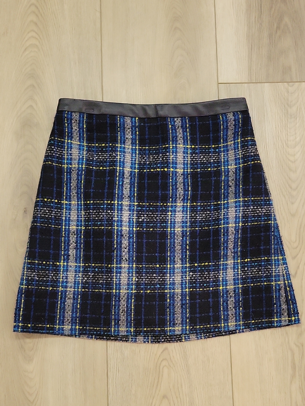 The Limited Navy and Blue Plaid A-Line Skirt with Yellow Accents